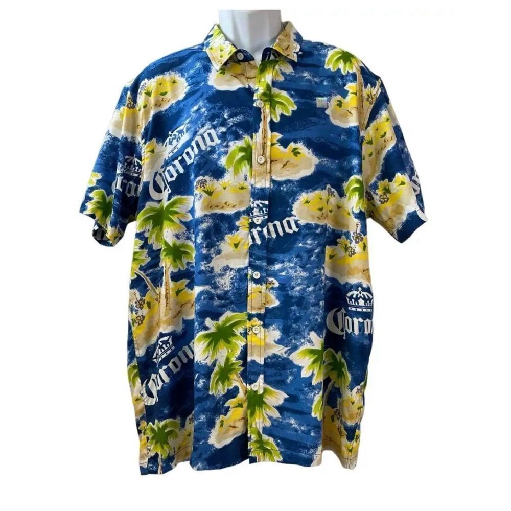 Corona Beer Hawaiian Aloha Short Sleeve Cabana Blue Yellow Shirt Size Large
